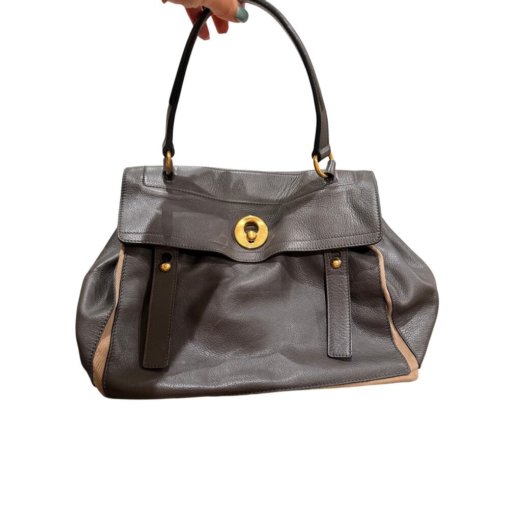 Saint Lauren Muse Two Dark Grey and Beige Leather Large Hand Bag